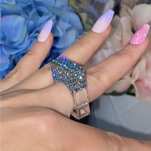 Acrylic Ring • Geometric Ring • Blue Swarovski Crystals • One Of A Kind Ring - Picture 4 of 13